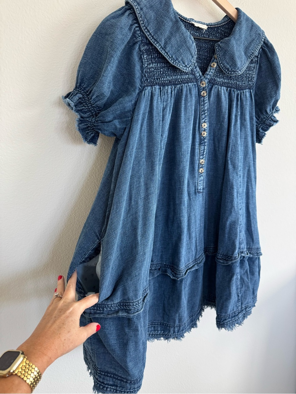 Pilcro Anthropologie Denim Smocked Babydoll Swing Mini Dress Medium - Picture 5 of 13